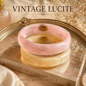 Vintage Genuine Lucite Bangle Bracelet Bundle Pink & Cream Marbled Hong Kong